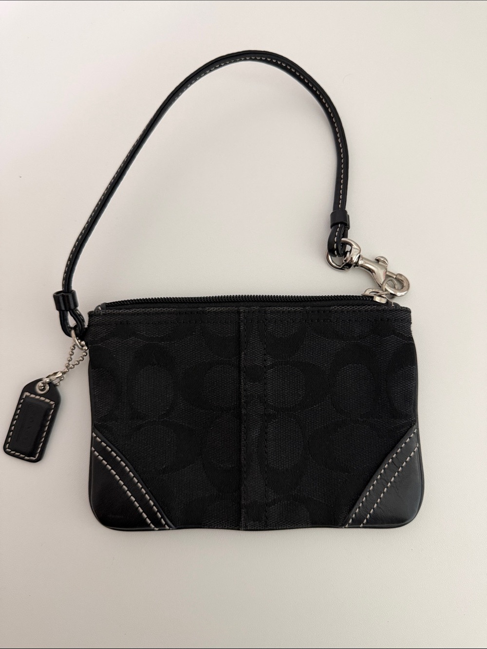 Coach Black Signature Wristlet with Leather Trim
